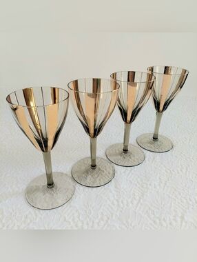 Vintage MCM Smoked Glass & Gold Striped Cordials - Set of 4 Hollywood Regency